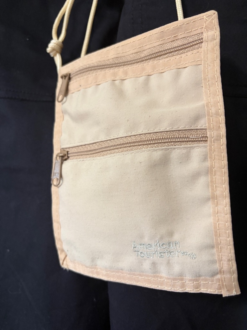 Vintage American Tourist Beige Canvas Travel Neck Pouch with Zippers passport